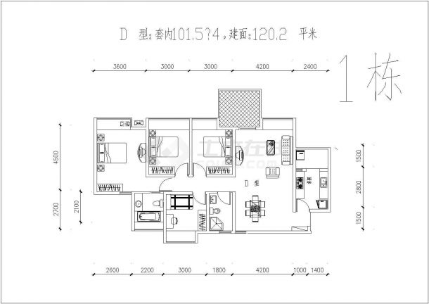 某地區(qū)三房經(jīng)典戶型建筑設(shè)計CAD平面圖解析
